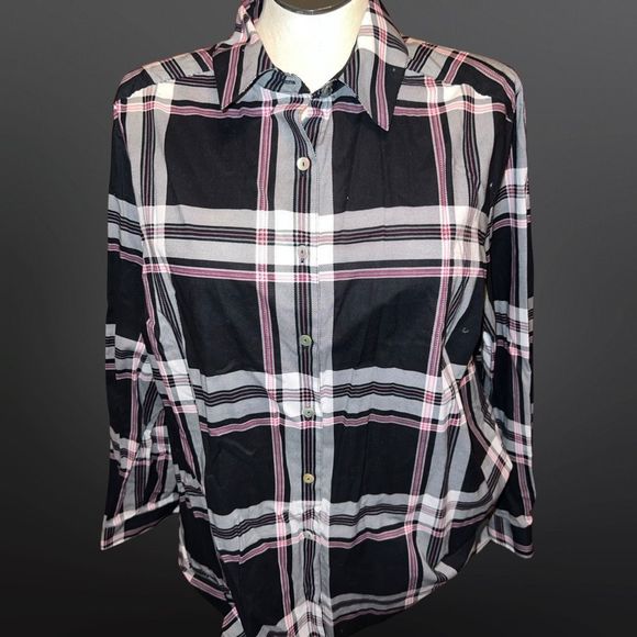 NWT Plus Size Foxcroft Black White Pink Check Button Up Shirt Size 22W - Picture 2 of 7